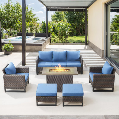 Nazime 5- Person Outdoor PE Wicker Patio Conversation Set with Fire Pit, Ottomans and Cushions