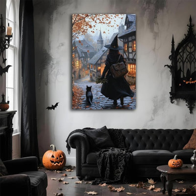 Art mural 24 po x 36 po Autumn Witch and Black Cat