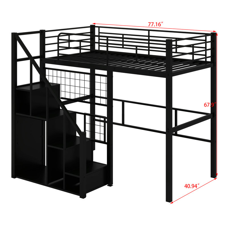 Twin Size Metal Loft Bed With Storage Staircase, Wardrobe And Full-Length Guardrails, Black