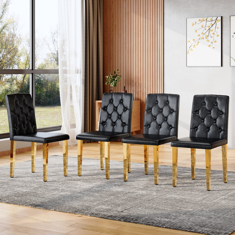 Chaise de salle à manger moderne avec dossier capitonné, tissu technique et conception ergonomique, Noir, Doré