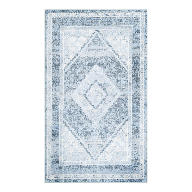 Tapis bleu marine / bleu en polyester tissé à la machine Massie, Rectangle 3 pi 3 po x 5 pi 3 po