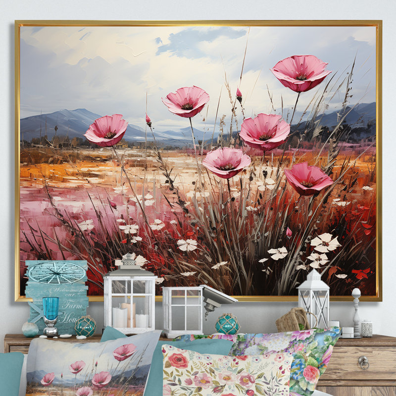 «Pink Crimson Flower Meadow Field» sur impression sur toile, Cadre flottant doré, H 34 po x l 44 po x P 1,5 po