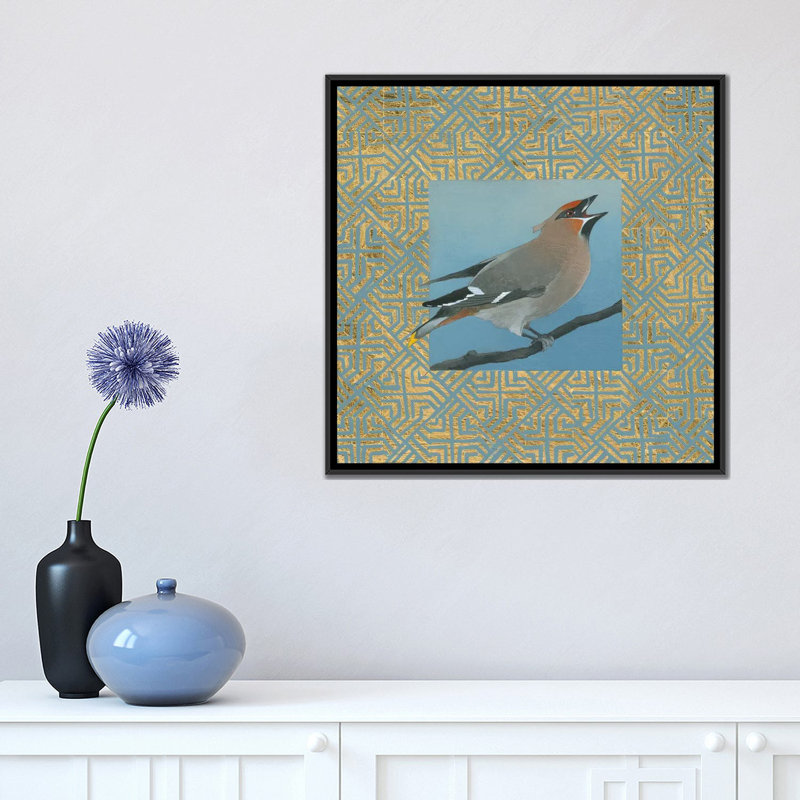 « cèdre waxwing border », impression carrée sur toile tendue, H 18 po x l 18 po x P 1,5 po, Toile avec cadre noir