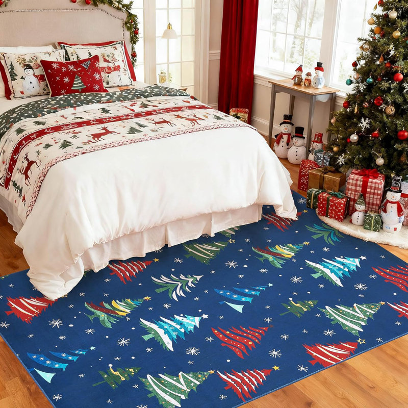 Runner Rug, Washable Rug for Home Decor, Indoor Non Slip Carpet, Soft Low Pile Christmas Rugs with Xmas Tree Motif for Kitchen, Entryway, Living Room, Bedroom