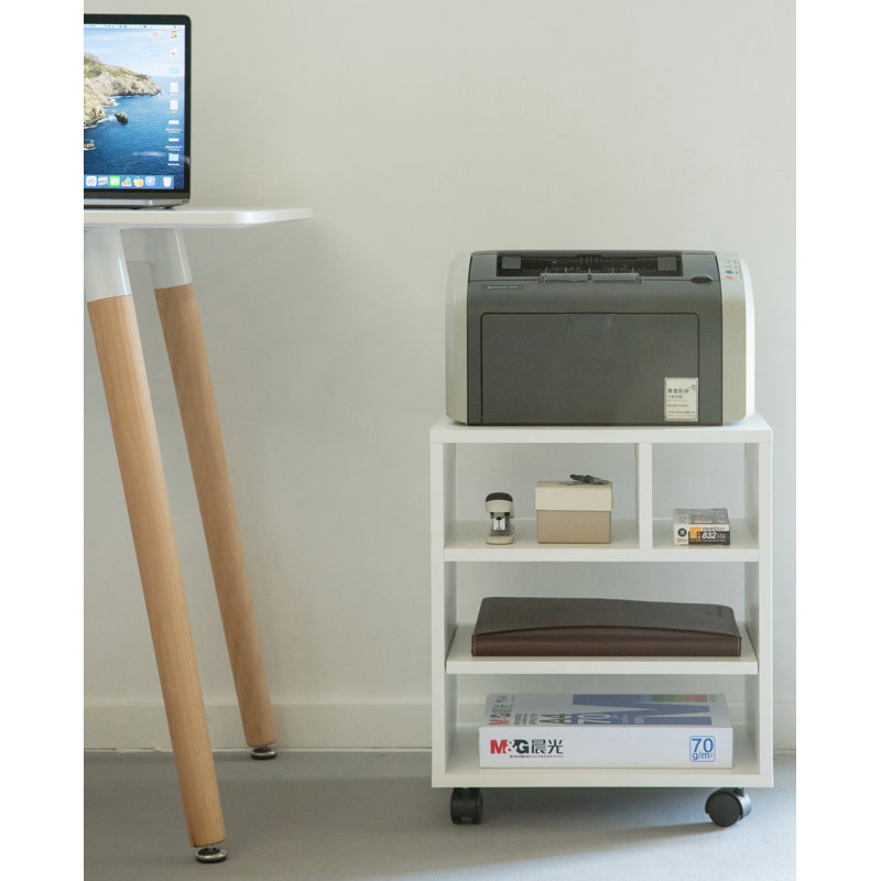 White Wooden Office Storage Printer Stand with Wheels