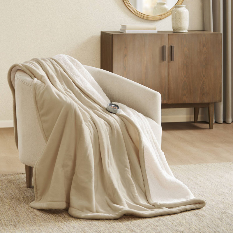 Queen Tan Sherpa Knitted Reversible Heated Blanket