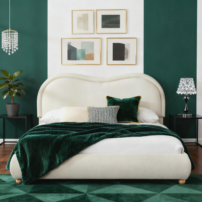 Upholstered Platform Bed Frame With Headboard, Queen, Beige