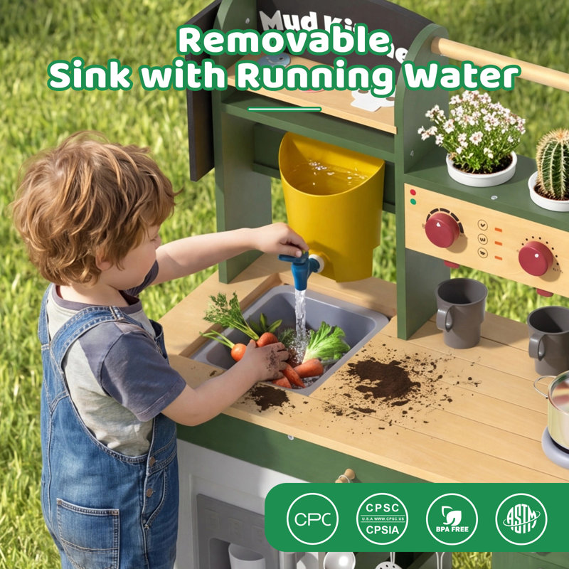 Kids Wooden Mud Kitchen Outdoor, Play Kitchen With Grill, Oven, Coffee Maker & Ice Maker, Water Tank Sink Set, Large Backyard Playset With Accessories For Toddlers & Kids