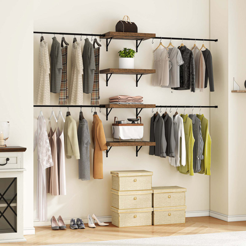 Heavy Duty Walk In Closet Organizers Garment Clothes Rack With 10 Hooks & 4 Expandable Hanger Rods, Oak Wood