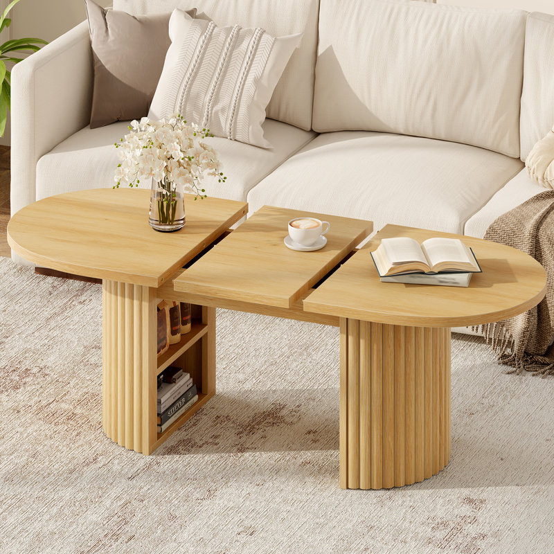 Table basse cannelée avec rangement dissimulé, table centrale cannelée ovale avec tablette réglable à 3 niveaux