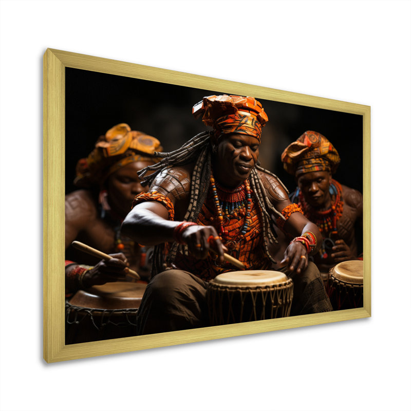 Tambour africain rythmique II - art mural africain, Cadre doré simple, H 30 po x l 40 po x P 1,5 po