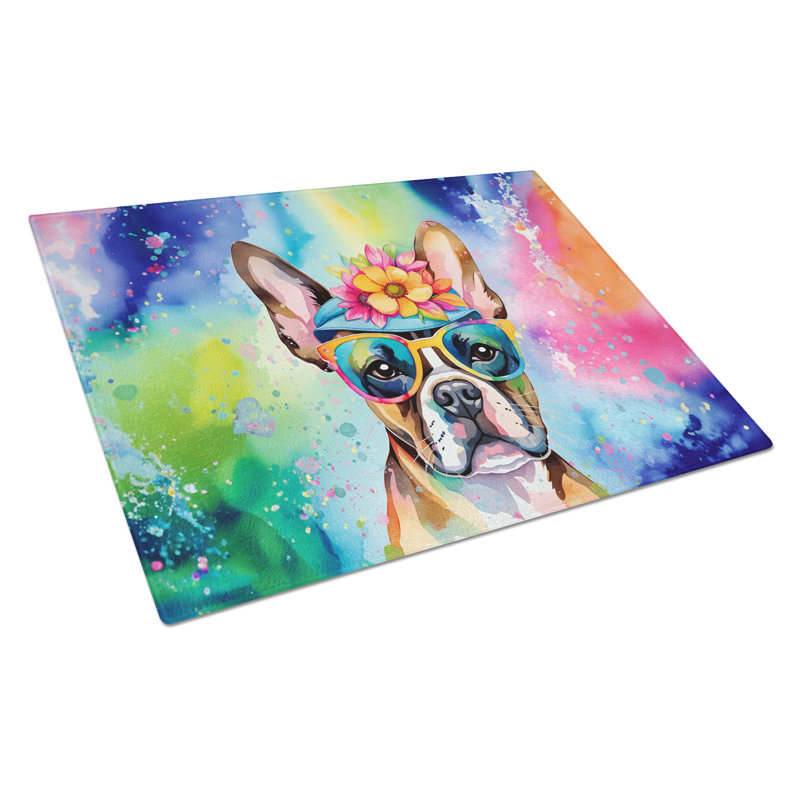 Boston Terrier Hippie Dawg Glass Cutting Board Large