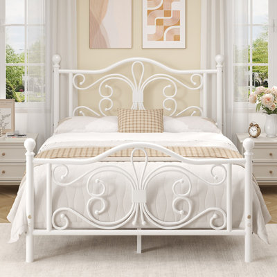 Full Metal Bed Frame with Butterfly Design Headboard and Footboard, Sturdy Metal Slats Support, Adequate Under-Bed Storage, No Box Spring Needed, Easy Assembly, White