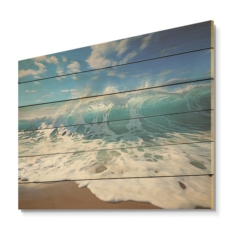 «Turquoise Power of Ocean Wave» - art mural en bois côtier sur bois de pin naturel, H 24 po x l 32 po