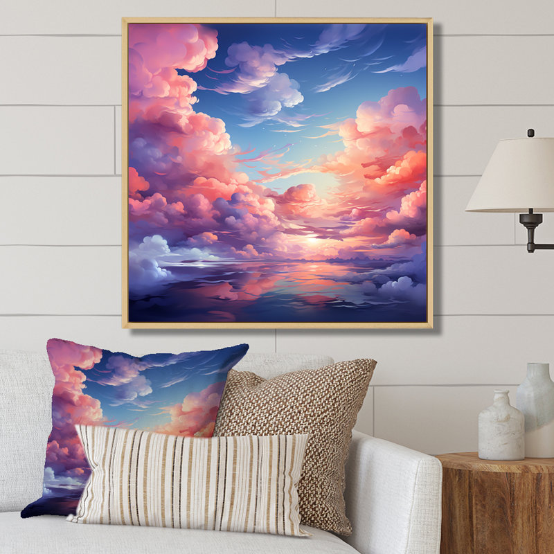 Rose et bleu calme aquarelle ciel II - fruits, art mural, H 30 po x l 30 po x P 1,5 po, Cadre flottant brun