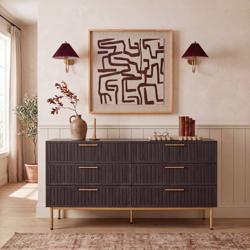 Starns 63.1'' W 6 - Drawer Dresser, Distressed Black/Gold