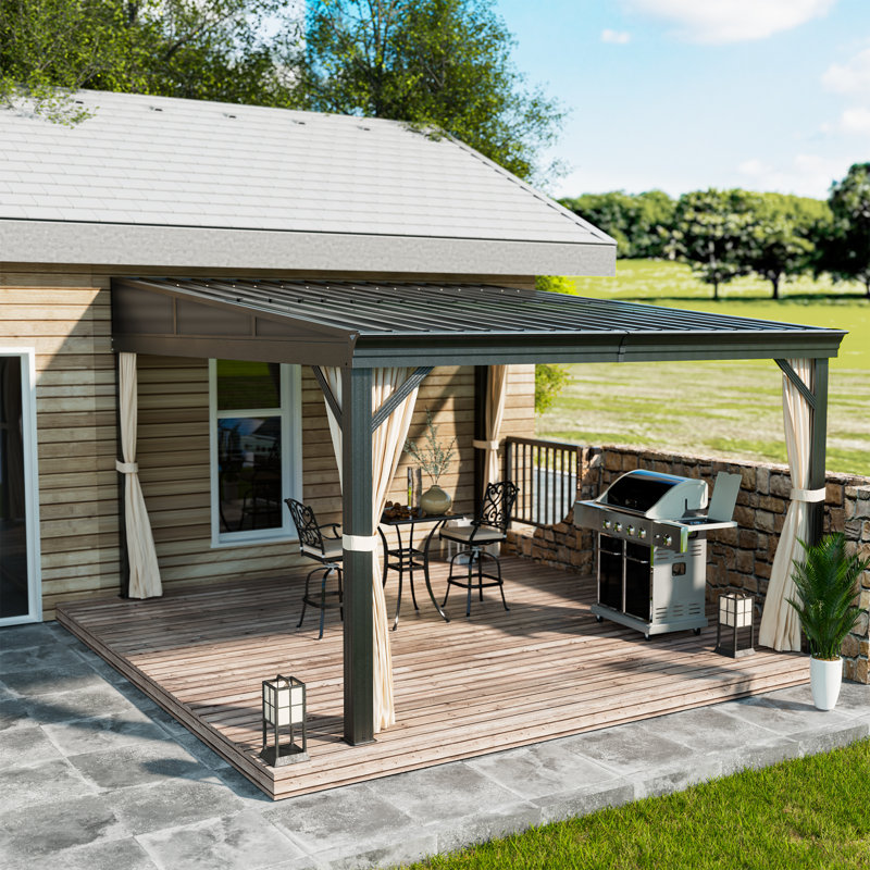 Patio Wall-Mounted Aluminum Gazebo with Galvanized Steel Roof, Sunroom, Curtains and Netting, 12 ft. W x 10 ft. D
