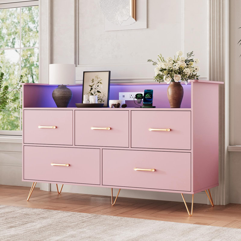 47" 5 Drawer Dresser with LED Lights & Charging Station, Wood Storage Chest, Pink