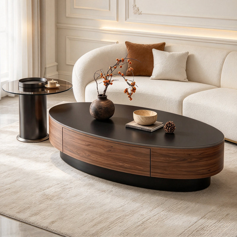 Table basse minimaliste de style français, Black/Tan Top/Brown Base, Solid