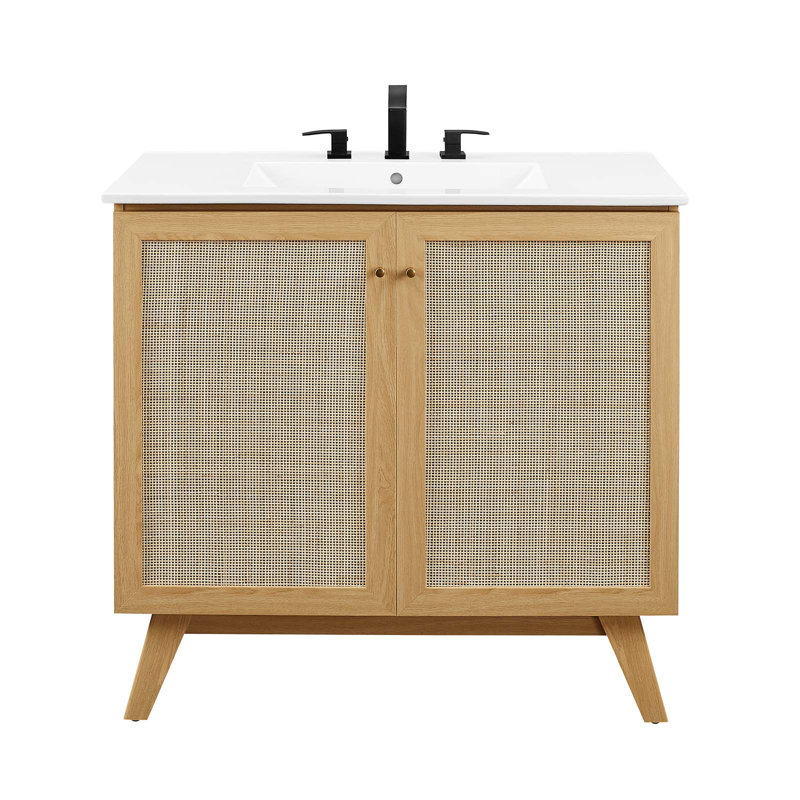 Soma 36'' Oak and White Freestanding Bathroom Vanity with Rattan Doors