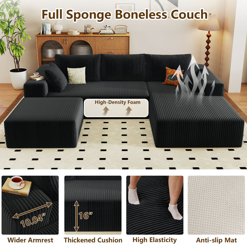 Canapé modulaire Boneless 96 po Cloud Couch, Orienté à droite, Velours côtelé noir