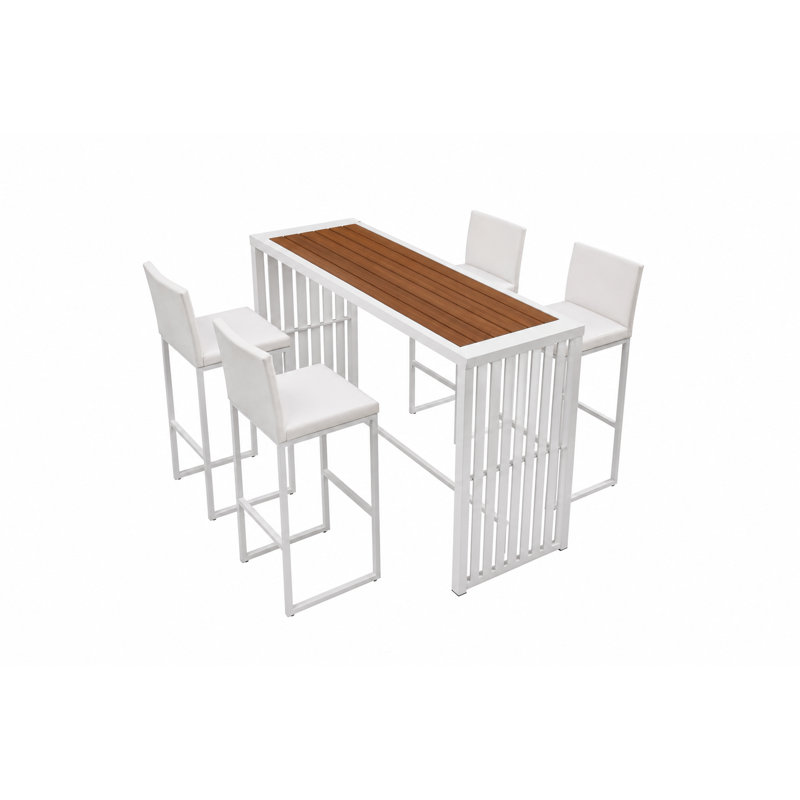 Ensemble de bar extérieur Milo 5 pièces en aluminium – Table de bar de patio de 180 cm avec plateau en polyrésine de couleur teck et 4 tabourets de bar en maille à séchage rapide, entièrement assemblé
