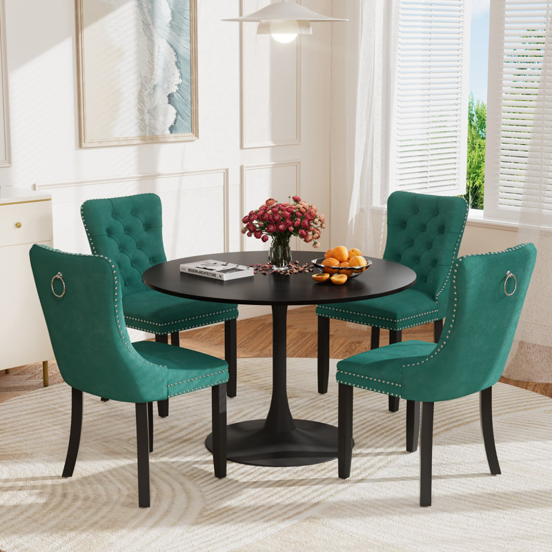 5-Piece Modern Dining Set: 42.1" Marble-Look MDF Table & 4 Velvet Upholstered Chairs, Noir, noir, noir, noir, Vert