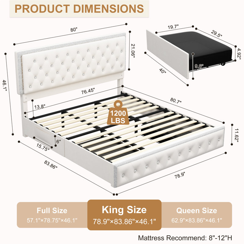 Velvet Bed Frame with 2 Drawers, Upholstered Headboard, LED Footboard and Side Pockets, King, Cream