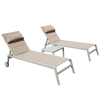 Chaise longue d'extérieur kaki de 3 chaises en aluminium avec table d'appoint et roulettes inclinables réglables rembourrées 5 positions et pour balcon, cour, plage, rembourrage en éponge 3, support solide