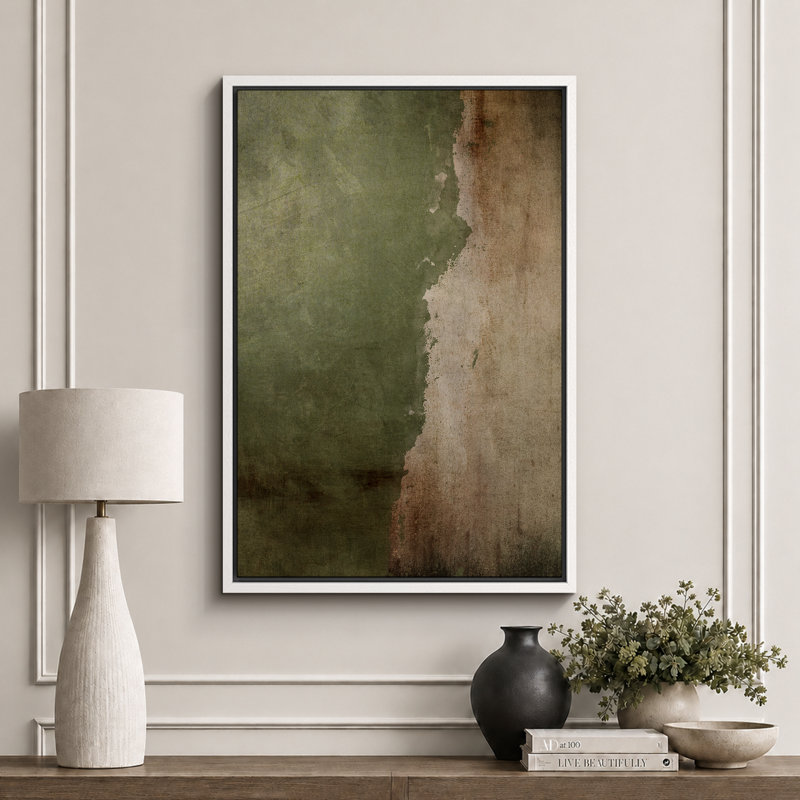 Œuvre d'art vert et beige vieilli, images murales abstraites rustiques modernes, impression sur toile encadrée, Blanc