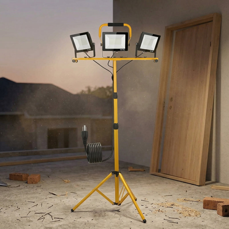 Lampe de travail à DEL avec pied, 21 000 lumens, lampe de travail réglable à 3 têtes, Noir