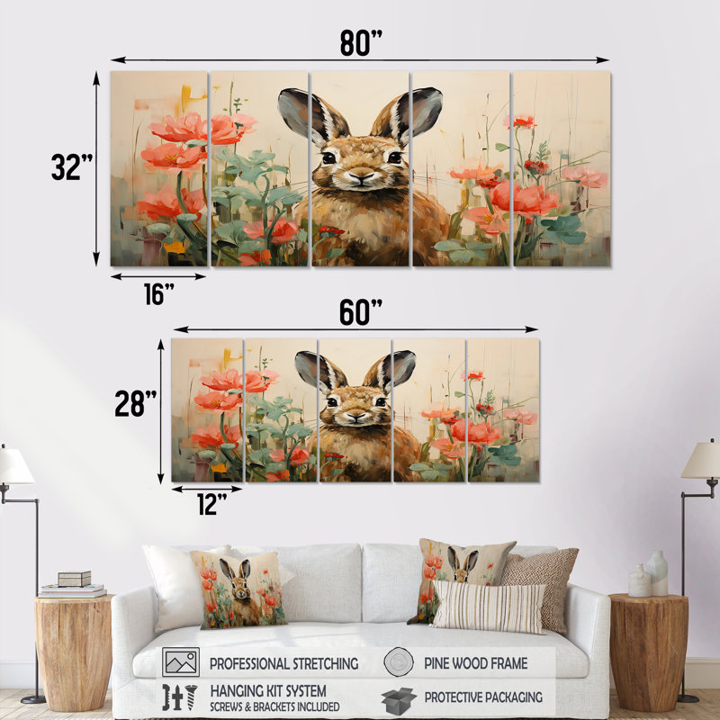 «Curious Floral Rabbit Meadow I», ensemble d'art mural 5 pièces, H 32 po x l 80 po
