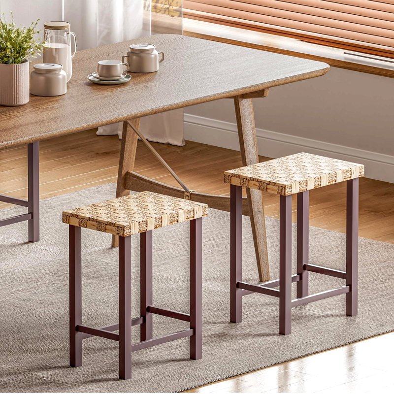 Ensemble de 3 tabourets de bar Seagrass tissés à la main avec hauteur réglable, pieds en bois d'hévéa massif et capacité de 250 lb pour îlot de cuisine rustique