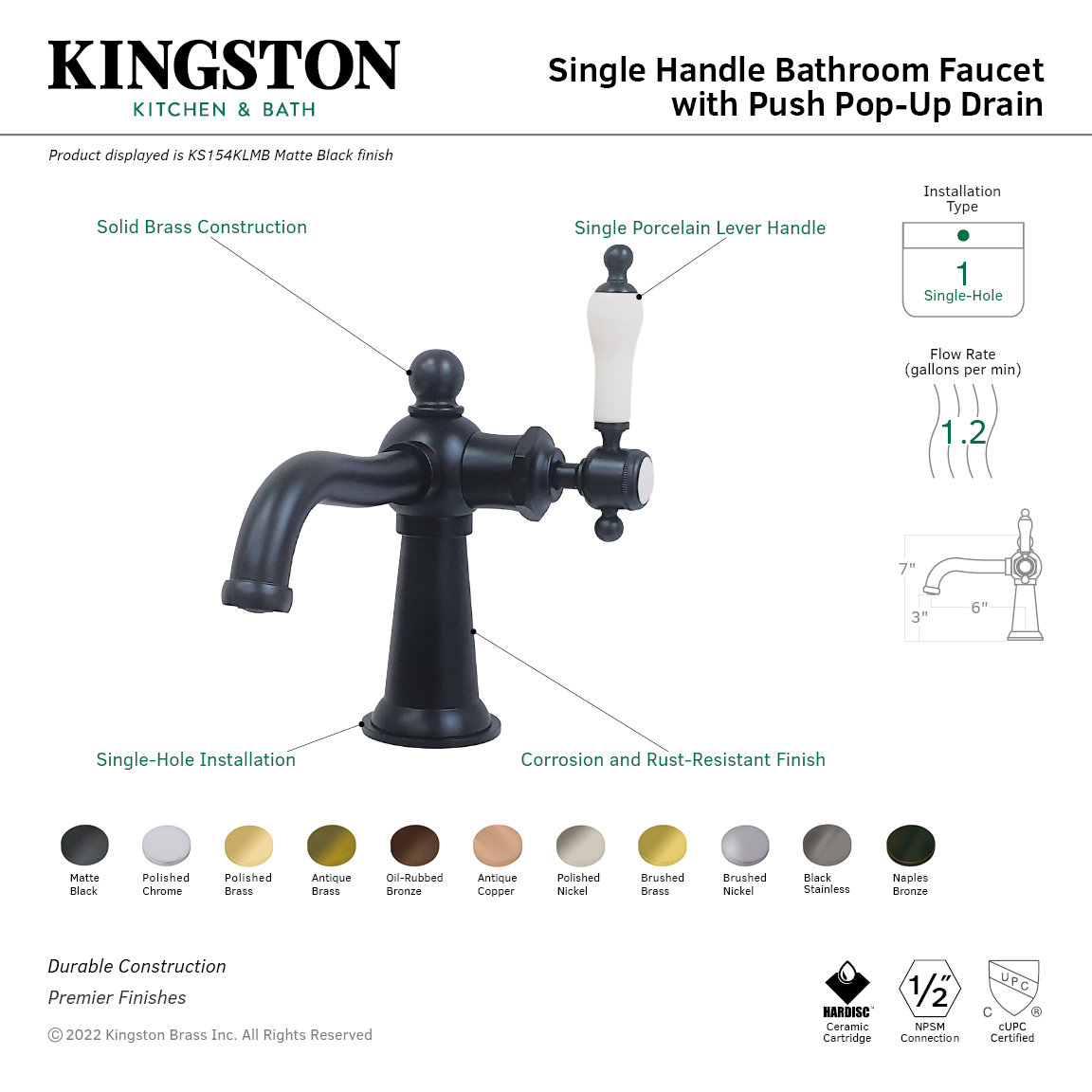 Kingston Brass Nautical Single-Handle 1-Hole Deck Mount Bathroom Faucet with Push Pop-Up, Matte Black