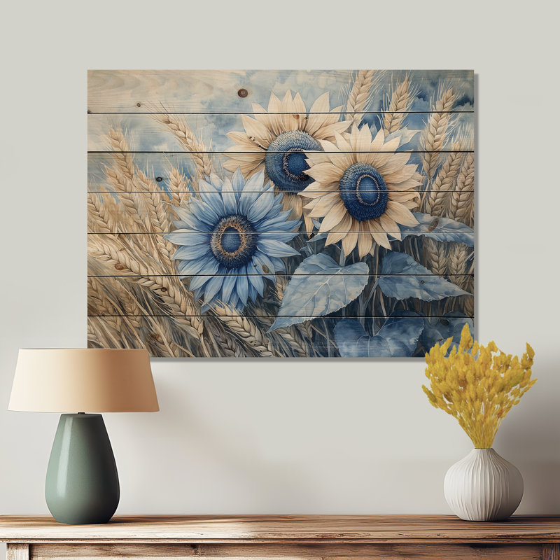 Sunflowers In The Wheat Barnyard III - Sunflowers Wood Wall Art - On Natural Pine Wood, 10" H x 20" W x 0.78" D
