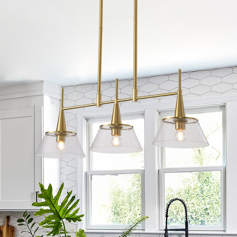 Luminaire suspendu 3 lumières en forme de lustre linéaire doré pour îlot de cuisine avec abat-jour en verre transparent