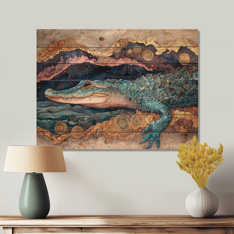 Alligator et reflets de marbre III - Art mural en bois animal crocodile - sur bois de pin naturel