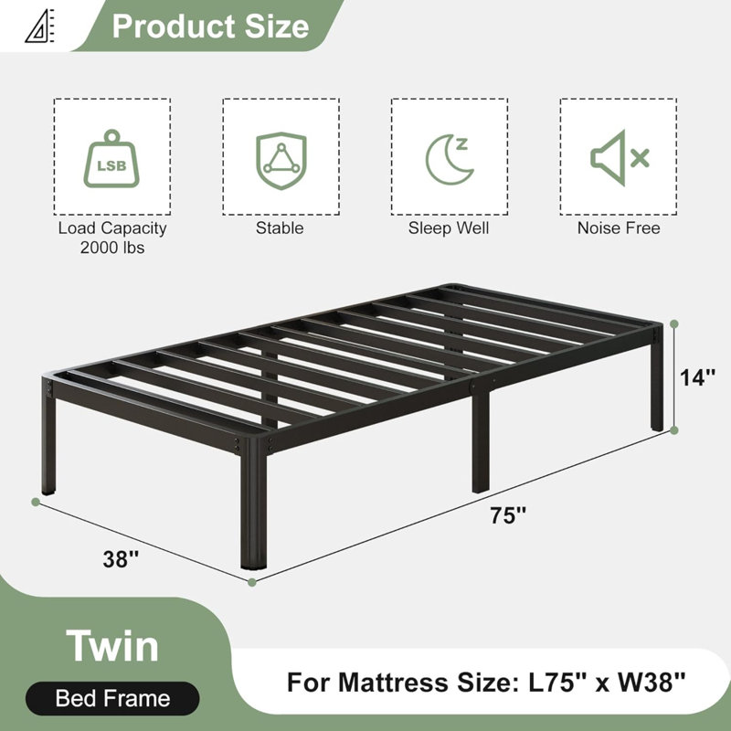 14 InchBed Frame With Rounded Corner Legs, 2000 LBS Heavy Duty Size PlatformBed Frame No Box Spring Needed, Noise Free, Easy Assembly,