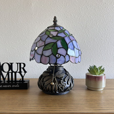 Standwood Tiffany Mini Table Lamp Purple Stained Glass Green Leaves Included LED Bulb 12"H