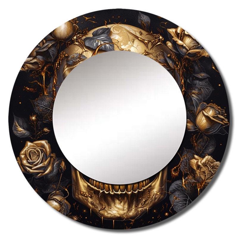 Oleksandr Gothic Skull Roses - miroir mural décoratif floral, miroir rond traditionnel, impression d'art en métal