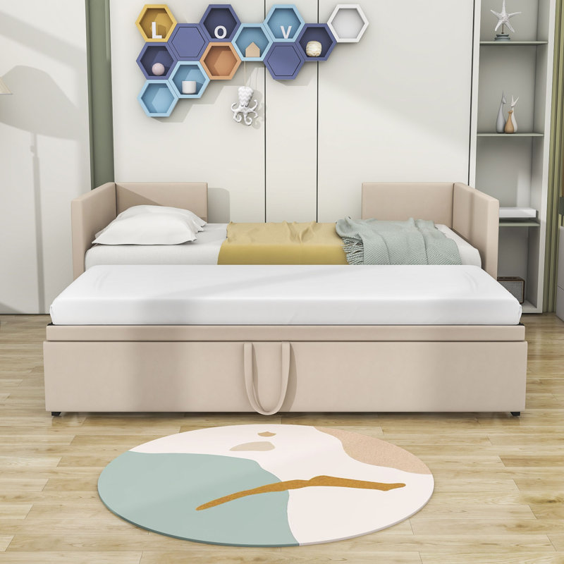 Ayushi Twin Size Upholstered Daybed with Twin Size Trundle, Beige