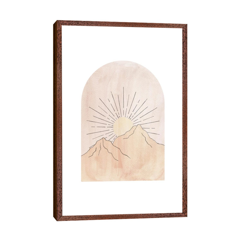 Pastel Mountains and Sun 1 Piece Painting on Canvas, 66.04cm H x 45.72cm W x 3.81cm D, Classic Brown Wood Framed