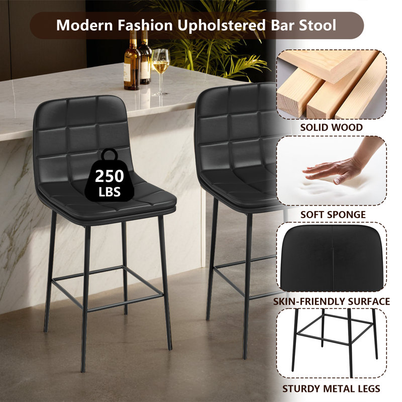 Mordern Upholstered Metal Counter Height Bar Stools(Set of 2), Black