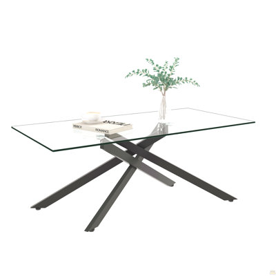 47.2" Rectangular Clear Tempered Glass Coffee Table,Stylish Design with Black Metal Legs, Coffee Table for Living Room