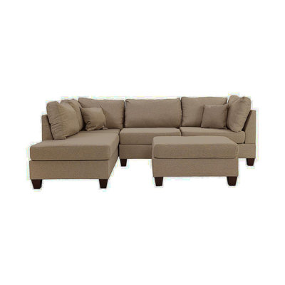 Sand Color 3Pcs Sectional Living Room Furniture Reversible Chaise Sofa And Ottoman Polyfiber Linen Like Fabric Cushion Couch