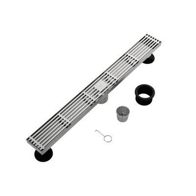 FINE FIXTURES Linear Shower Drain, Slotted Grate Design, 10-Gauge 304 Stainless Steel, Center Outlet, Fast Drainage, Hair Strainer Included