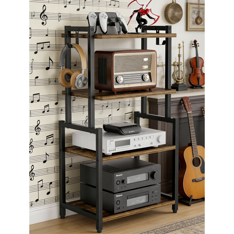 4-Tier AV Media Corner Shelf With Hooks, Game Console Stand, For Video Games And Vinyl Records, Rustic Brown