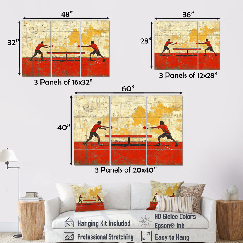 Ensemble de salon de ping-pong rouge et or, Toile tendue, H 40 po x l 60 po x P 1 po