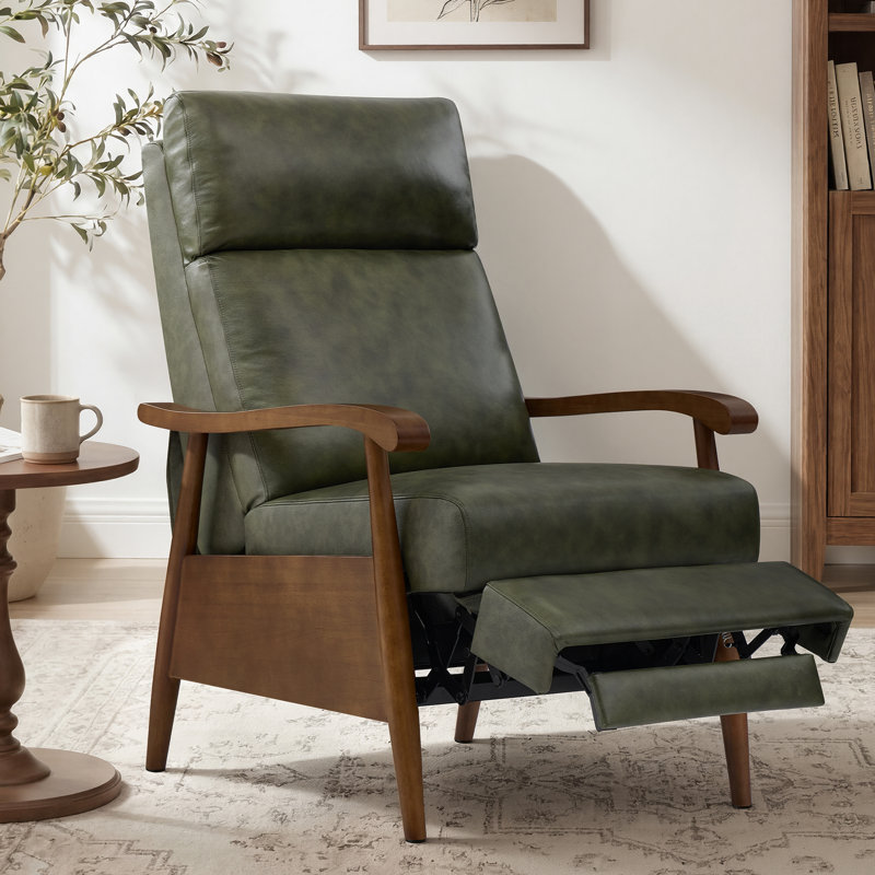 Fauteuil inclinable en cuir véritable avec accoudoirs en bois massif, fauteuil inclinable moderne à dossier haut Mid Century, fauteuil inclinable manuel réglable à 3 positions pour la chambre à coucher et le coin lecture