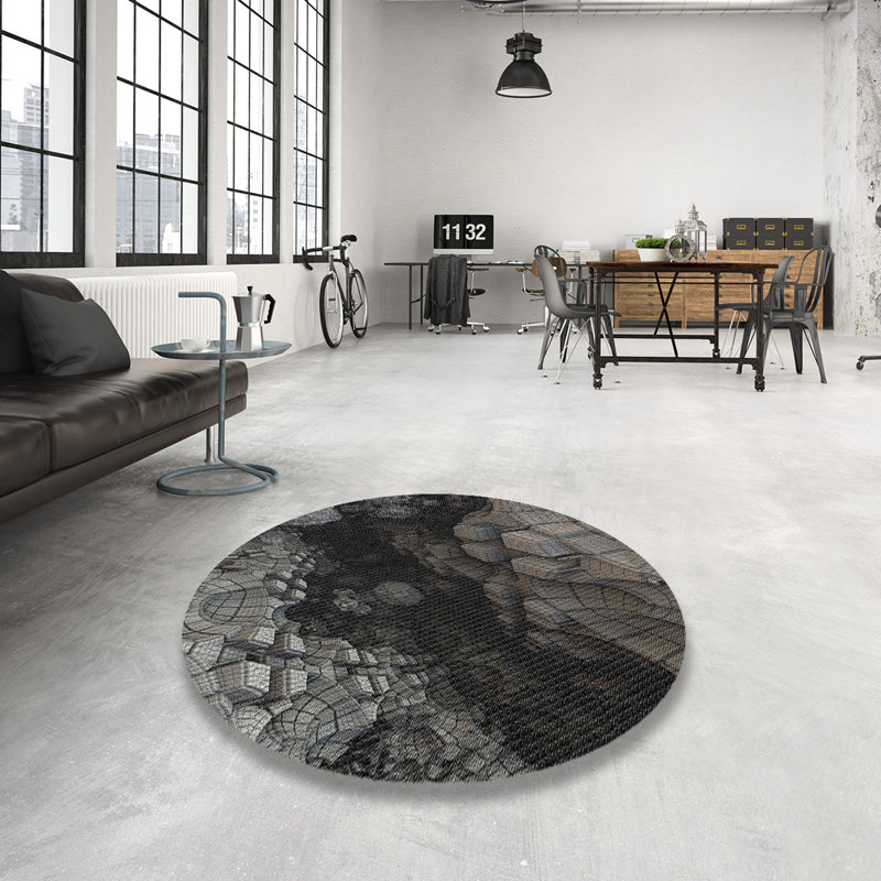 Tapis noir/gris à motifs, Rond 7 pi